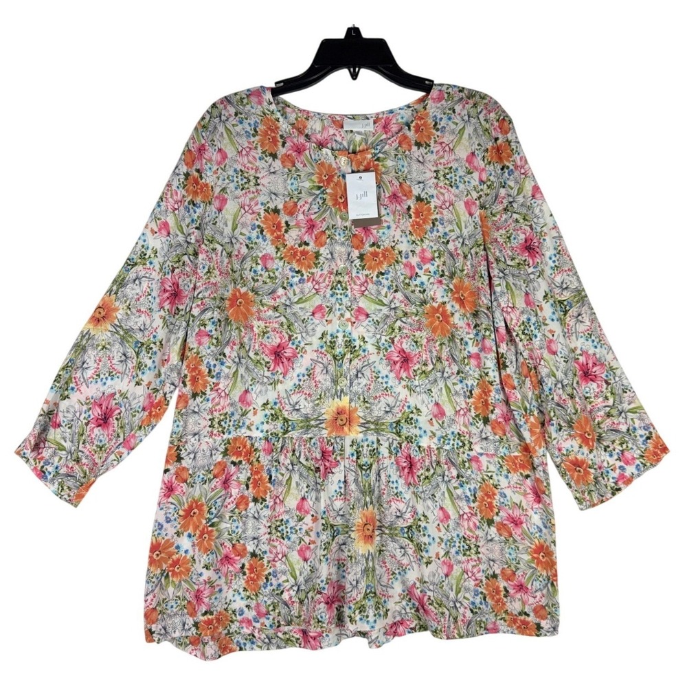 J. Jill Floral Button Front Peplum Tunic Top Large‎ Tall 59846710 Rayon Pink NWT